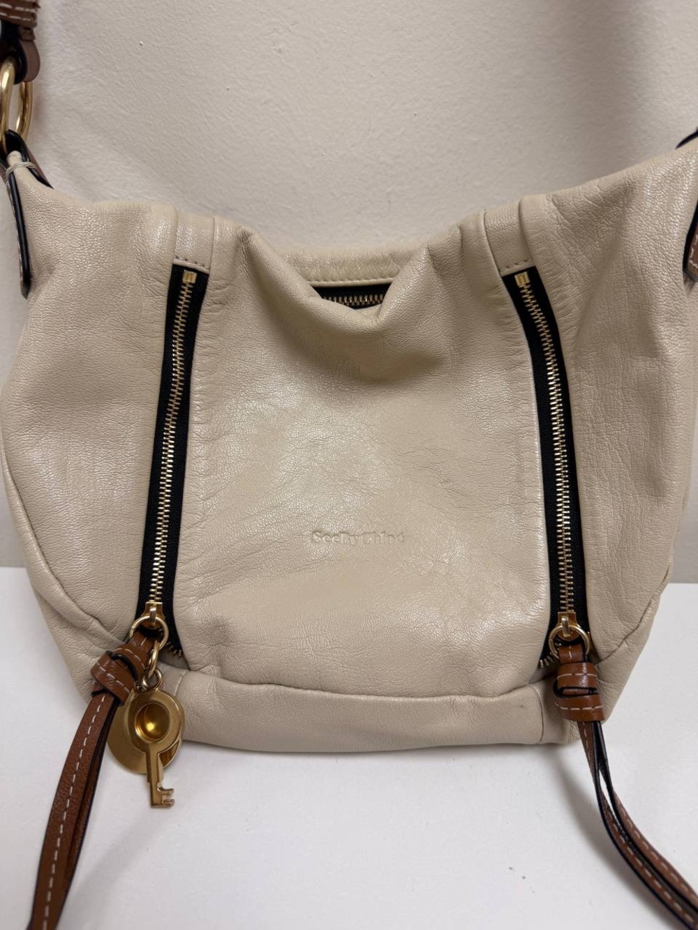 See By Chloe Indra Shoulder Bag Crossbody Leather & Suede Beige Brown Zipper